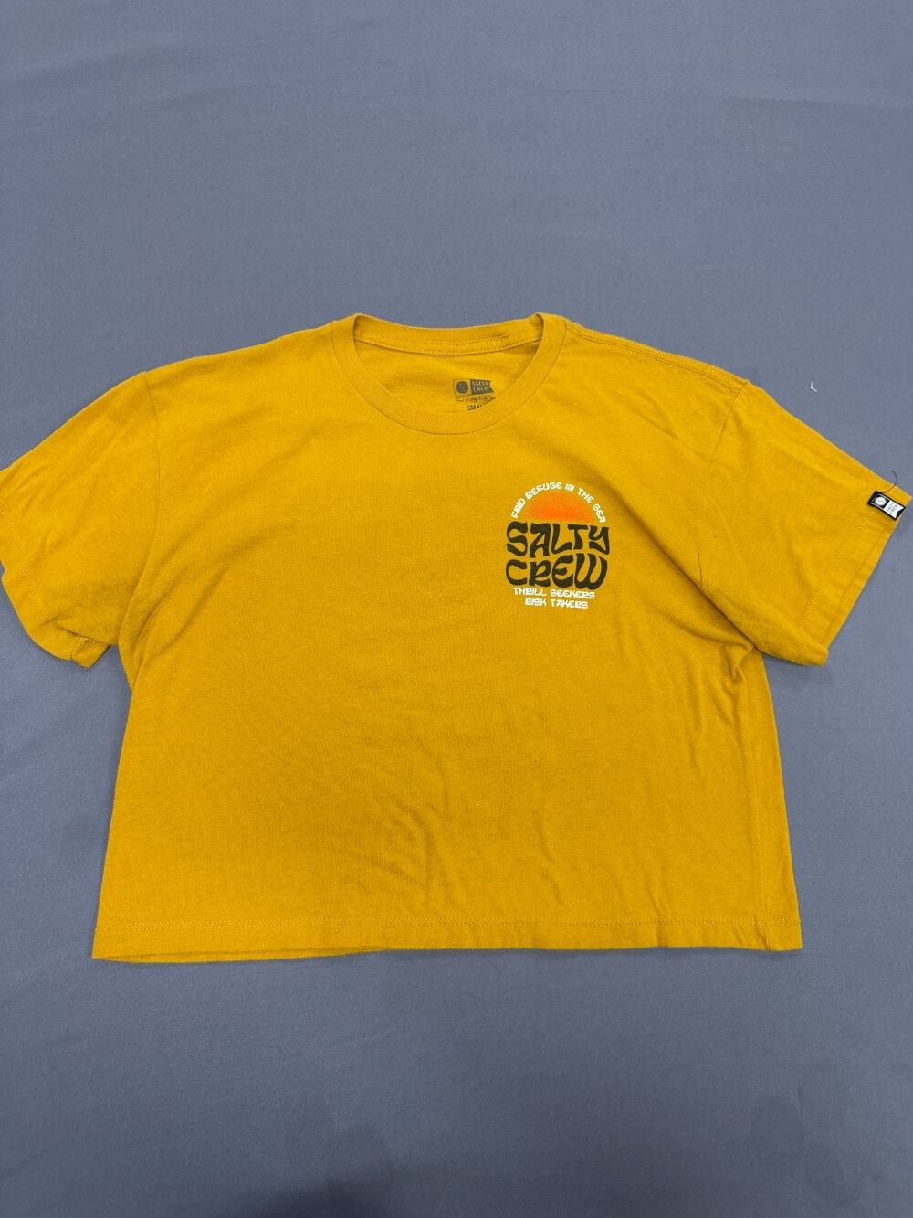 Salty Crew Women's Small Crop T-Shirt Yellow Relaxed Fit Graphic Tee Casual